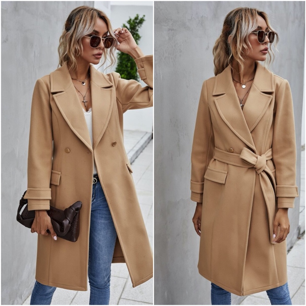 Camel Trench Coat Double Breast Buttons Brown Tan - Picture 1 of 7